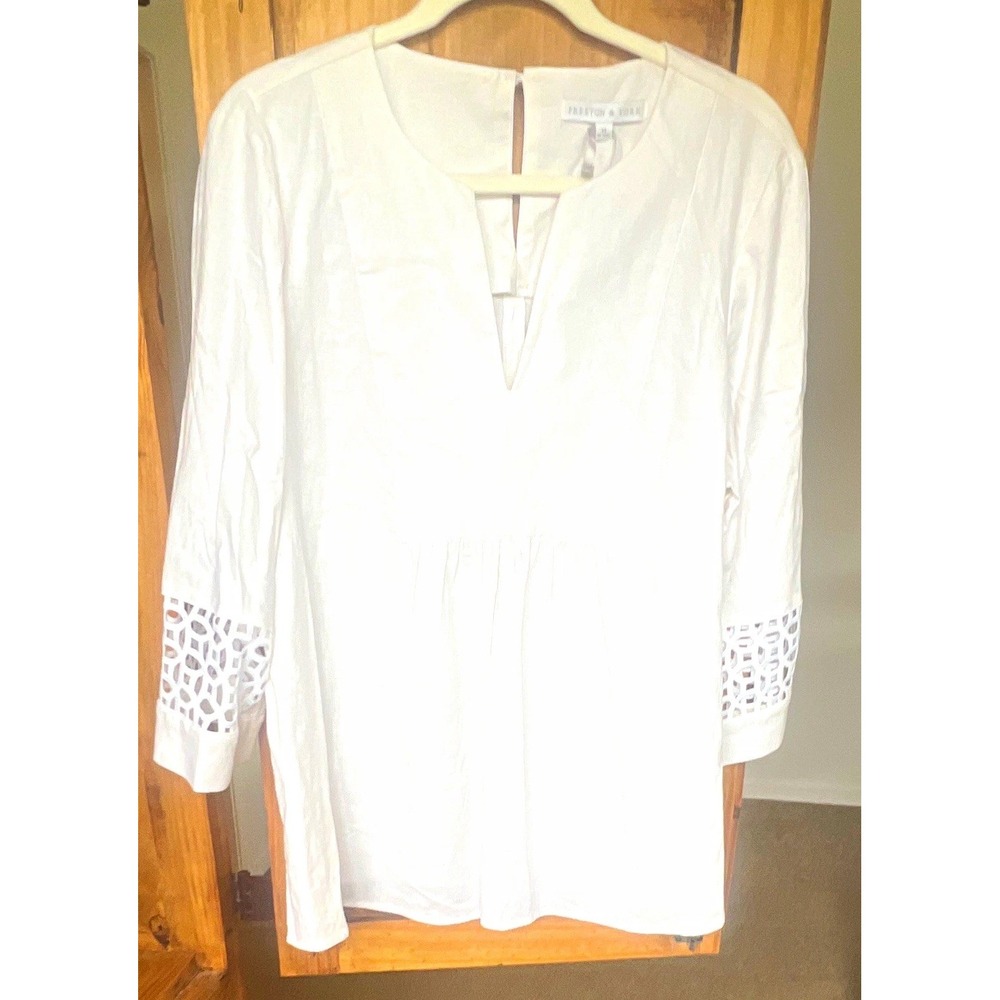 Preston & York Women's White 3/4 Sleeve Split Neck Lace Blouse 14